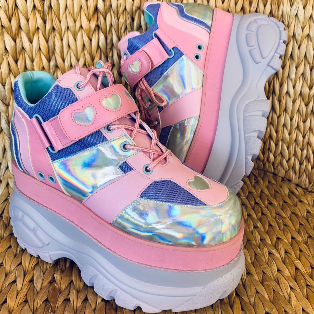 Dolls Kill Pink Holographic Platform Heart Strap Chunky Sneakers